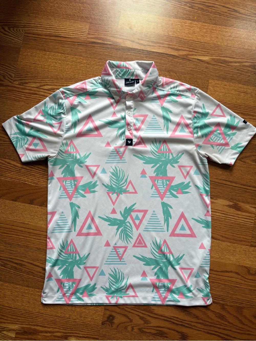 Bad Birdie White Polo with Pink Triangles & Mint Palm Print